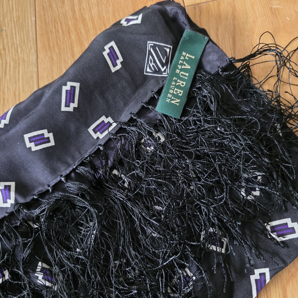 Ralph Lauren Black Purple Silk Scarf with White Print Fringe - Picture 8 of 8